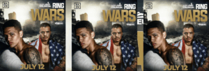 Banner showing Ring Wars 18 full fight card at El Paso County Coliseum on July 12, 2025 featuring Abraham R. Perez vs. Angel Geovanny Mesa Morales, Jorge Tovar vs. Joaquin Murrieta Lucio, Marcos Duran vs. Mike Liberto, Nayeli Rodriguez vs. Alexis Araiza Mones, and more