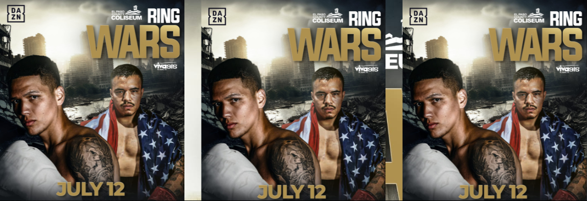 Banner showing Ring Wars 18 full fight card at El Paso County Coliseum on July 12, 2025 featuring Abraham R. Perez vs. Angel Geovanny Mesa Morales, Jorge Tovar vs. Joaquin Murrieta Lucio, Marcos Duran vs. Mike Liberto, Nayeli Rodriguez vs. Alexis Araiza Mones, and more